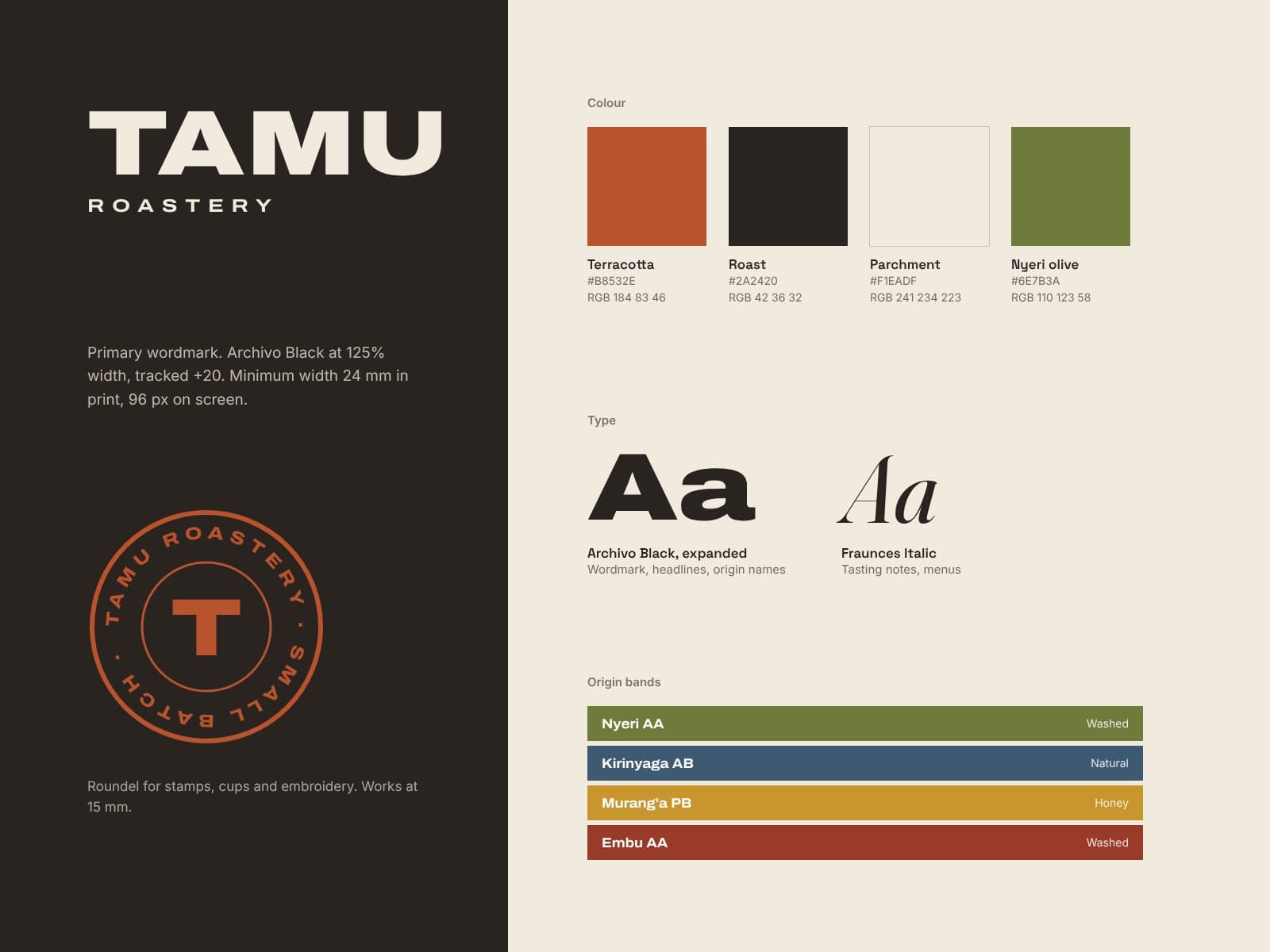 Brand board with the Tamu wordmark, roundel stamp, colour palette, typefaces and origin colour bands