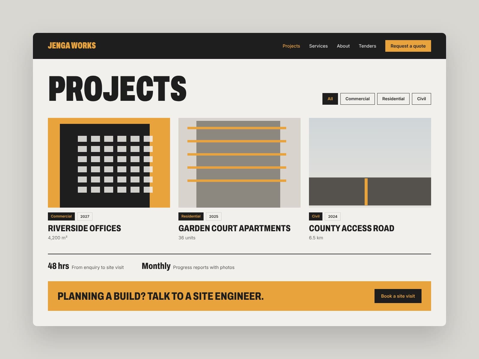 Projects page of the Jenga Works website with commercial, residential and civil project cards