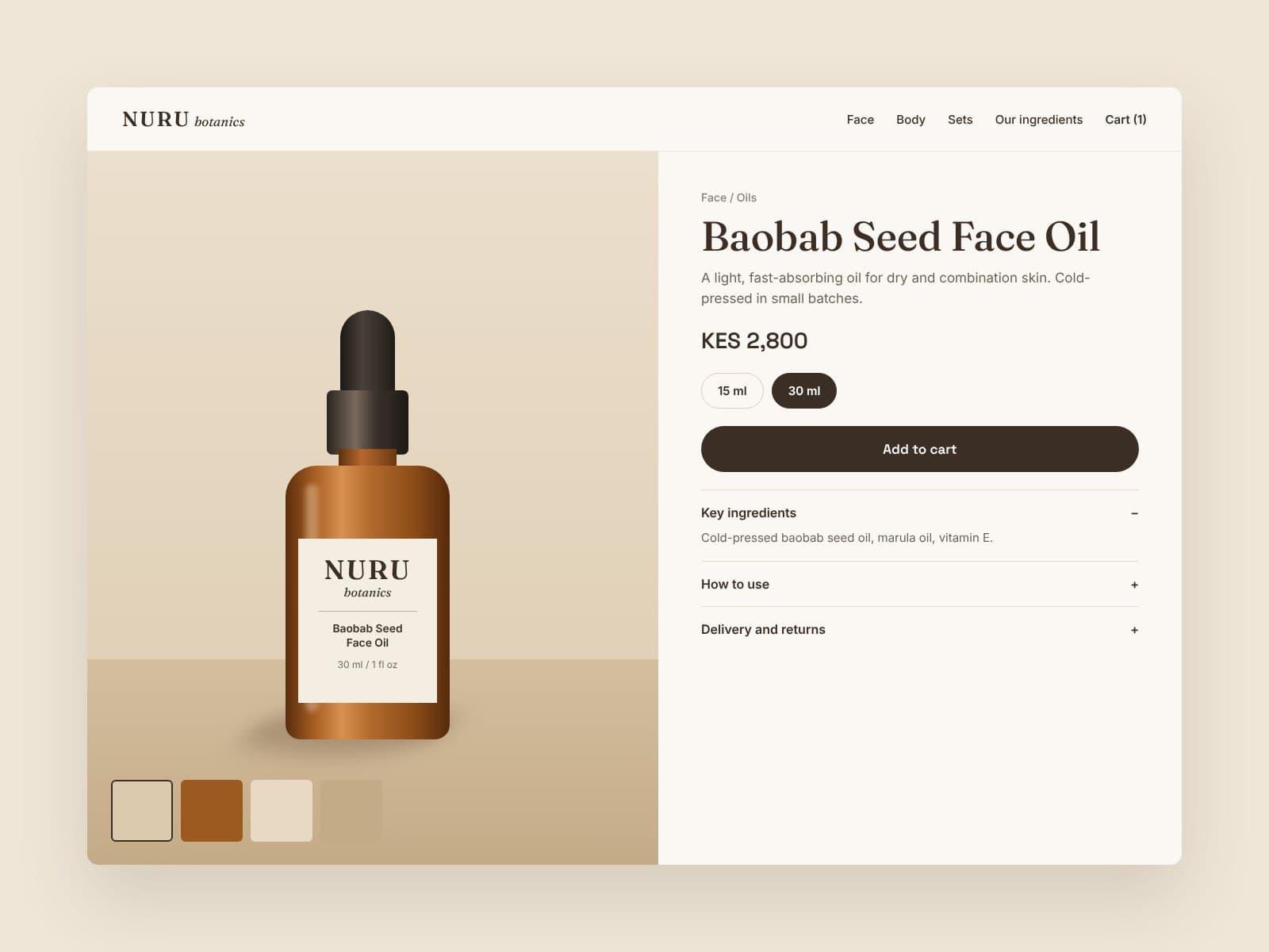Online store product page for Baobab Seed Face Oil with price, sizes and ingredients