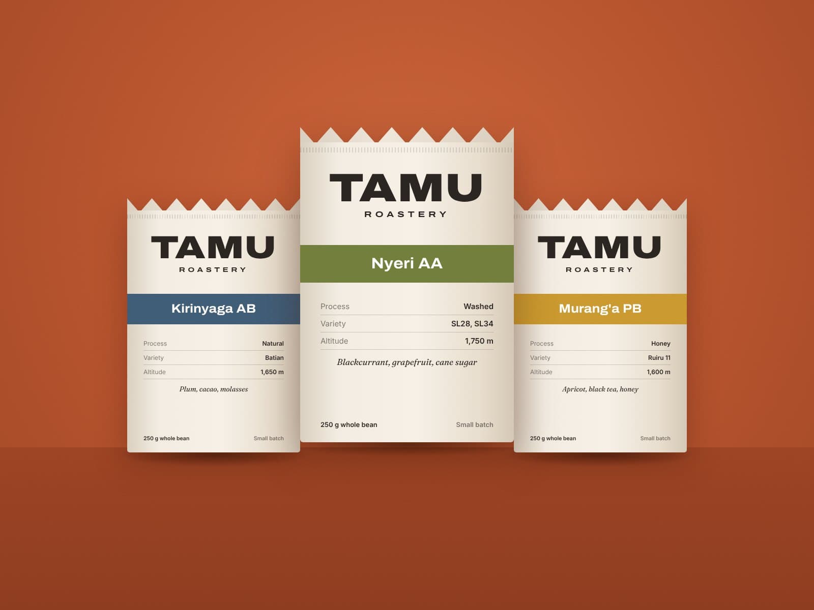 Three coffee bags on a terracotta background, each with the Tamu wordmark and a coloured origin band