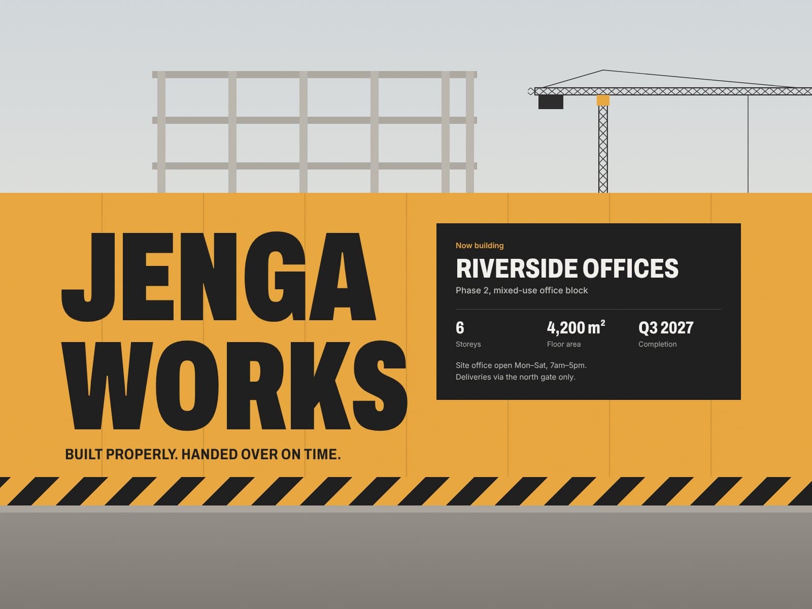 Amber site hoarding with the Jenga Works wordmark and a panel describing the current project