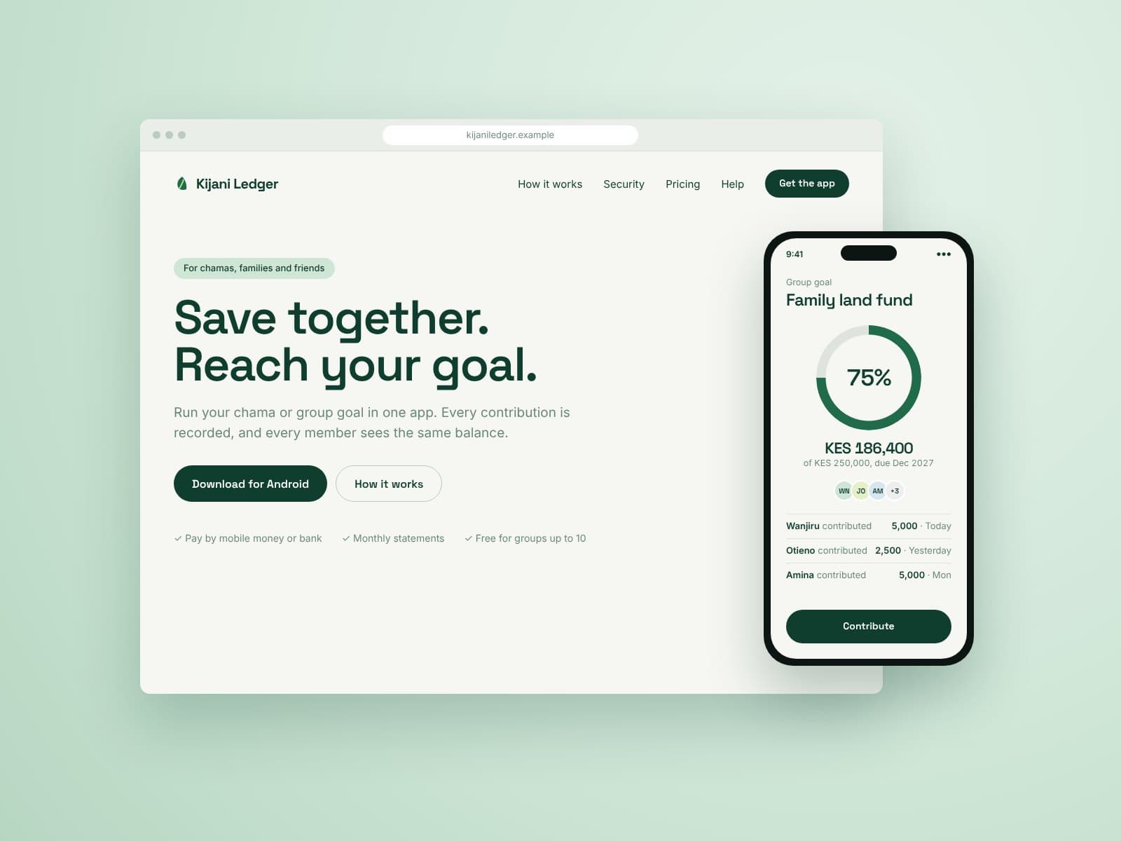 Savings app website hero beside a phone showing a group goal at 75 percent