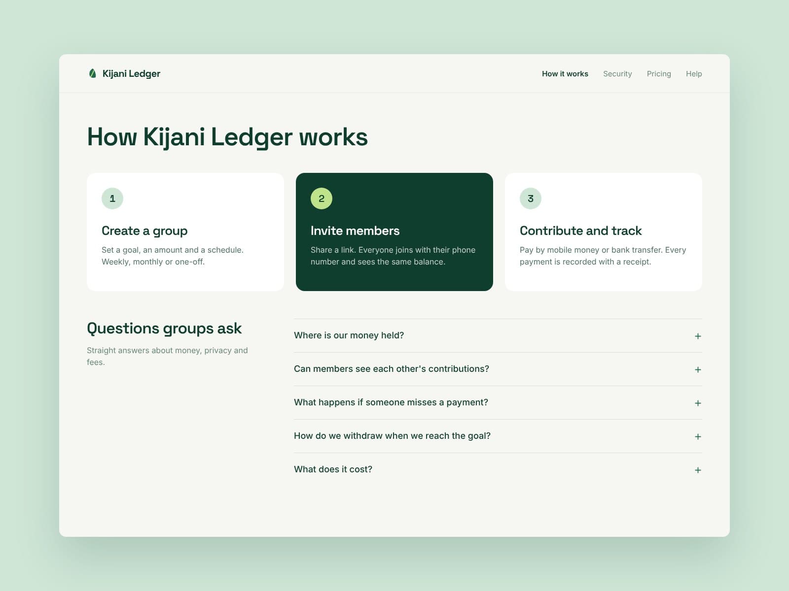 Website section explaining how the app works in three steps, with a list of common questions
