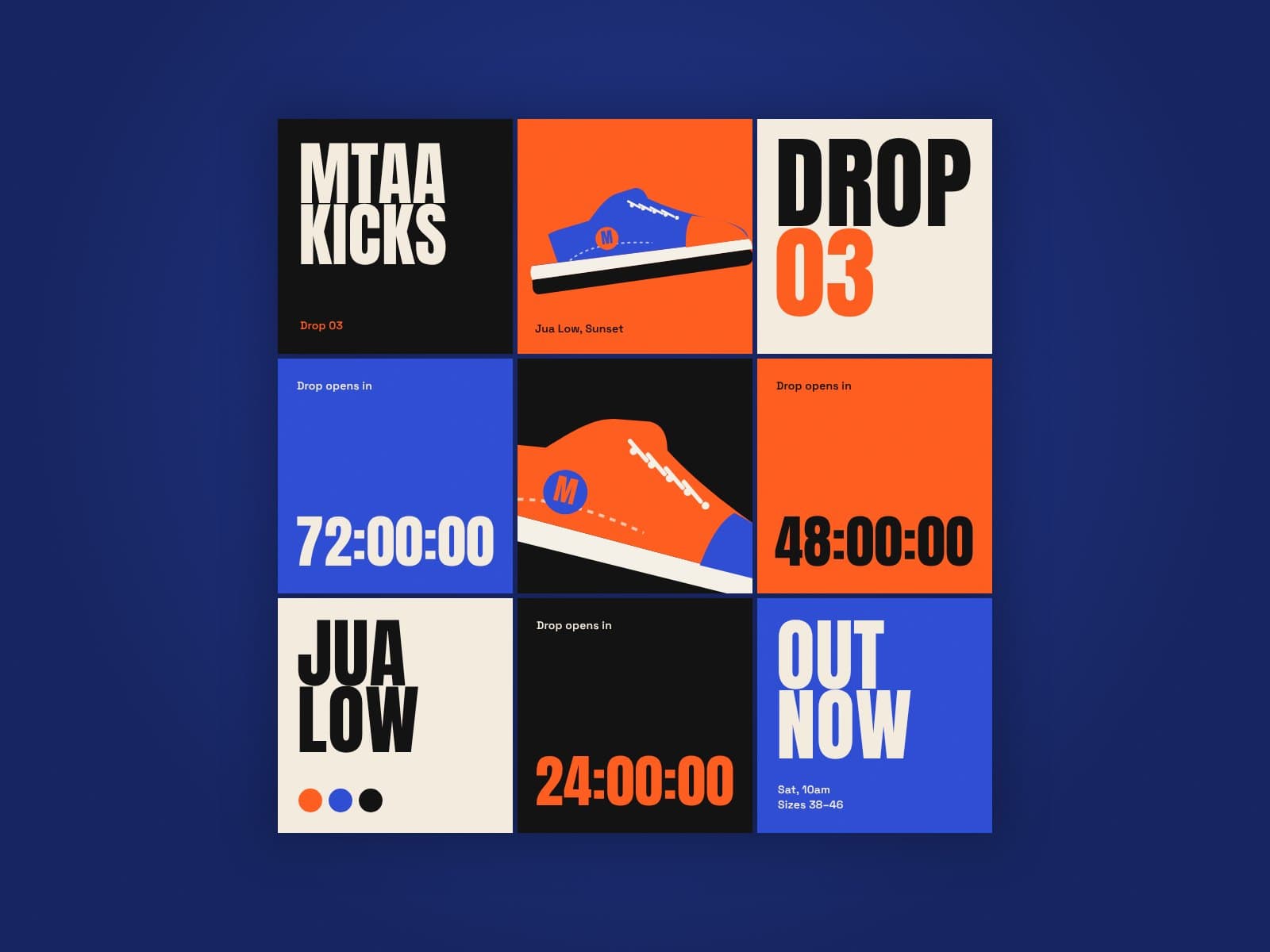 Nine-post social grid counting down to a sneaker drop in orange, blue and black