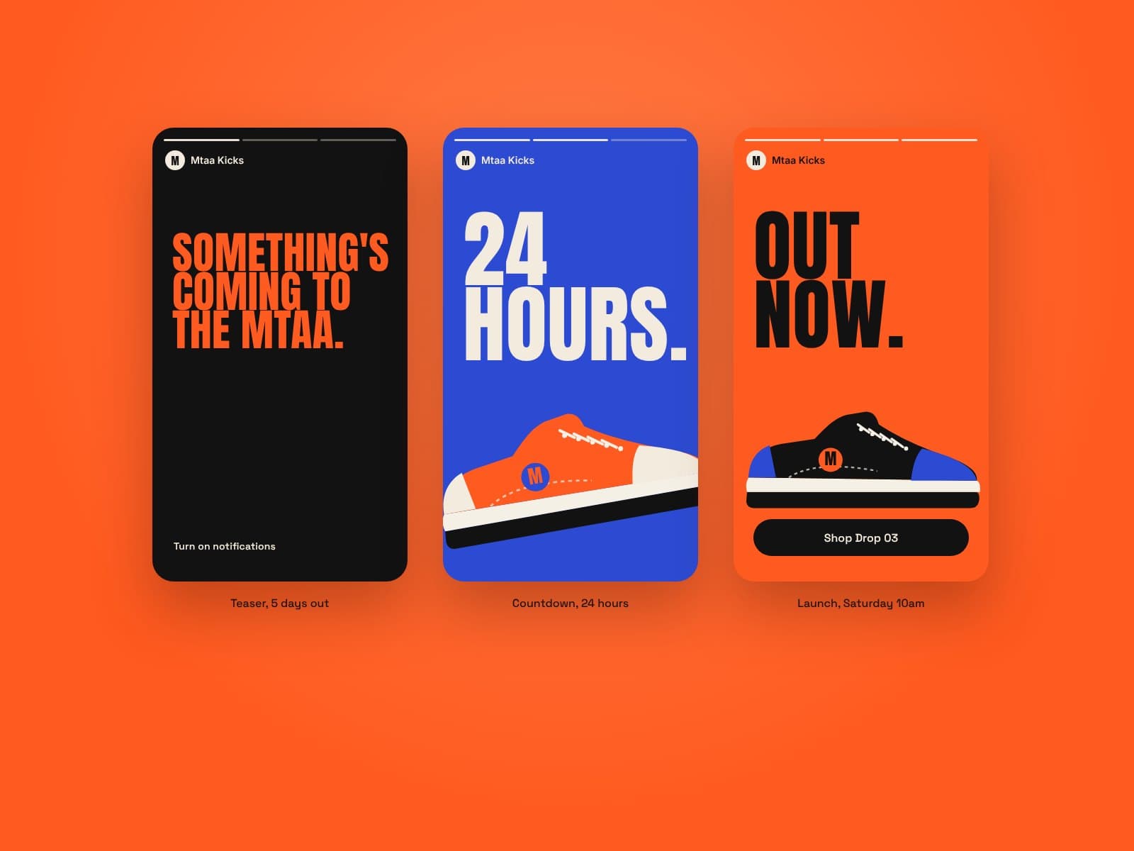 Three Instagram story frames: teaser, 24-hour countdown and launch