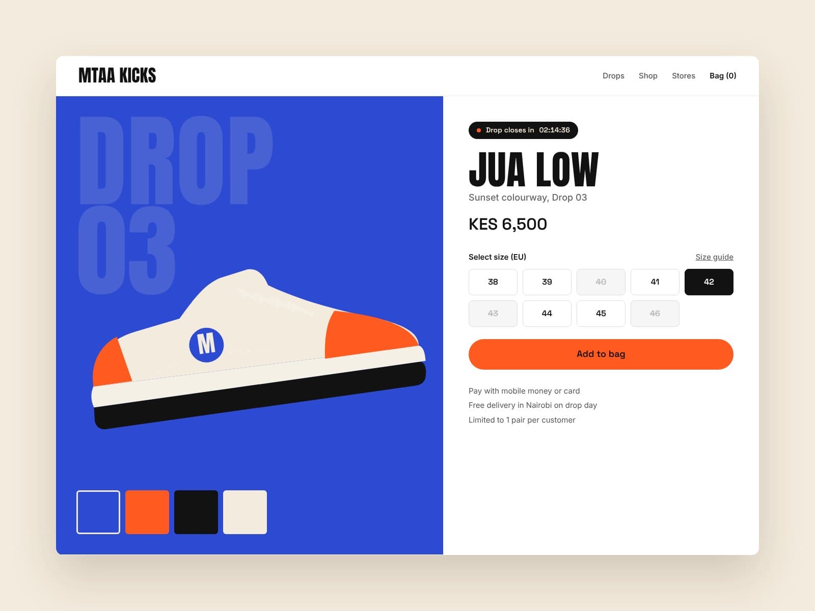 Product page for the Jua Low sneaker with a drop countdown, size picker and price