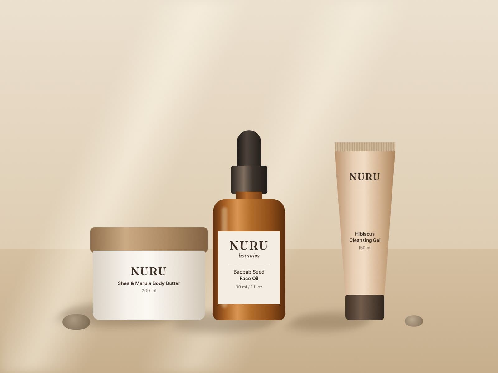 Product still of an amber dropper bottle, a body butter jar and a tube on a sand-coloured tabletop