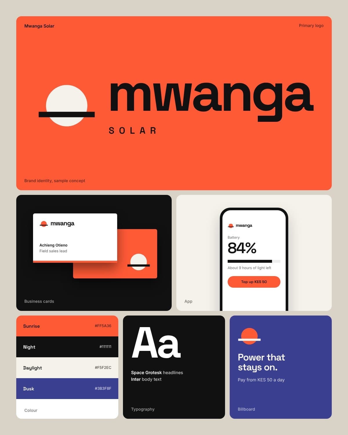 Brand board for a sample solar brand: the sun-and-horizon logo, business cards, a battery app screen, colour palette, typefaces and a billboard